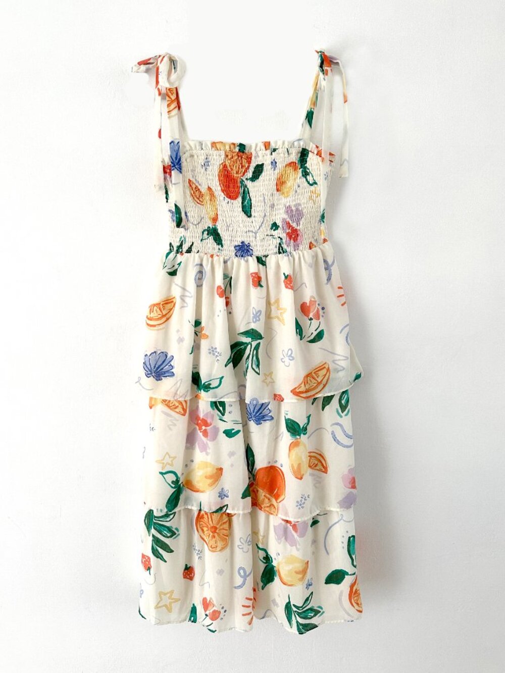 Francesca’s Fruit Print Smocked Tiered Sundress
